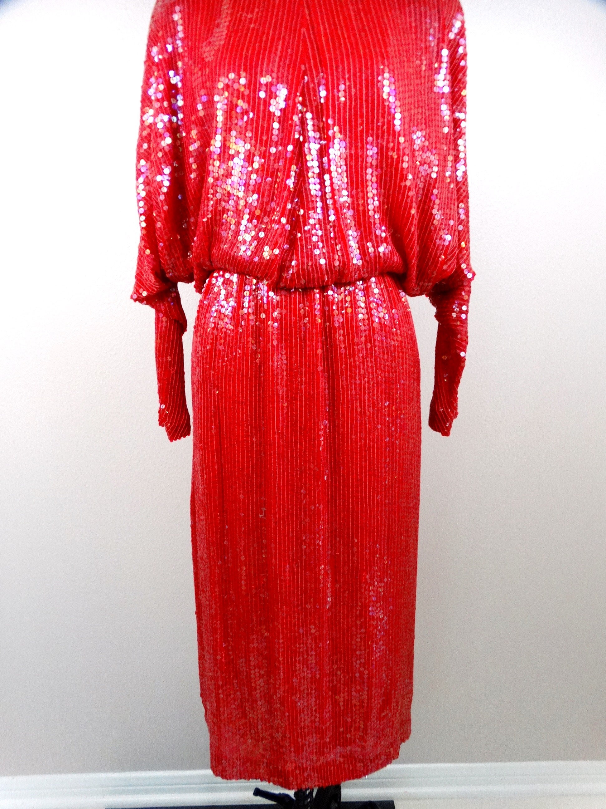 70s Bright Red Sequin Midi Gown / Oversized Dolman Sleeve Evening Dress w/ Cinched Waist 70s Bright Red Sequin Midi Gown / Oversized Dolman Sleeve Evening Dress w/ Cinched Waist
