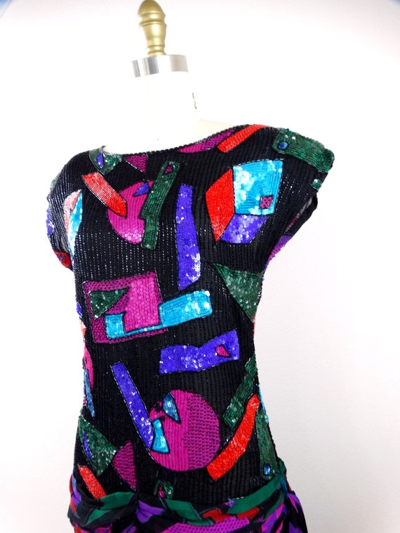 Vtg Silk Beaded Sequin Dress / Sheer Chiffon Embe… - image 4