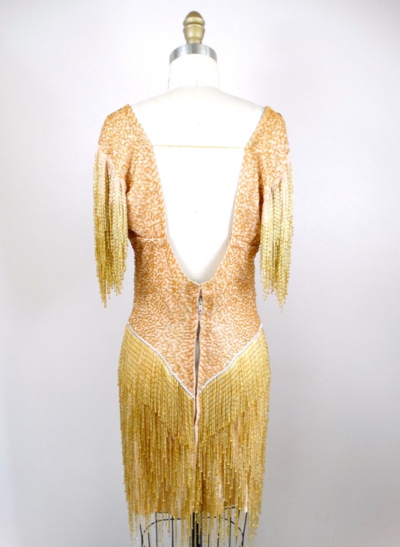 HEAVY Fringe Beaded Mini Dress // Glam Gold Haute… - image 9