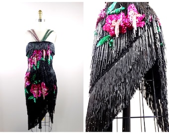 HAUTE COUTURE All Fringe Beaded Dress / Heavily Beaded Sequin Dress / Vintage Ballroom Mini Dress / HEAVY Fully Embellished Thigh High Dress
