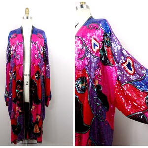 SPARKLING Hearts Sequin Kimono Coat / Pink Purple & Red Sequined Long Jacket / Bright Embellished Open Kaftan O/S