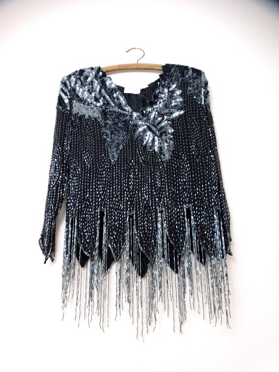 70s Glass Beaded Fringe Top // 1970s 80s Black Fr… - image 2