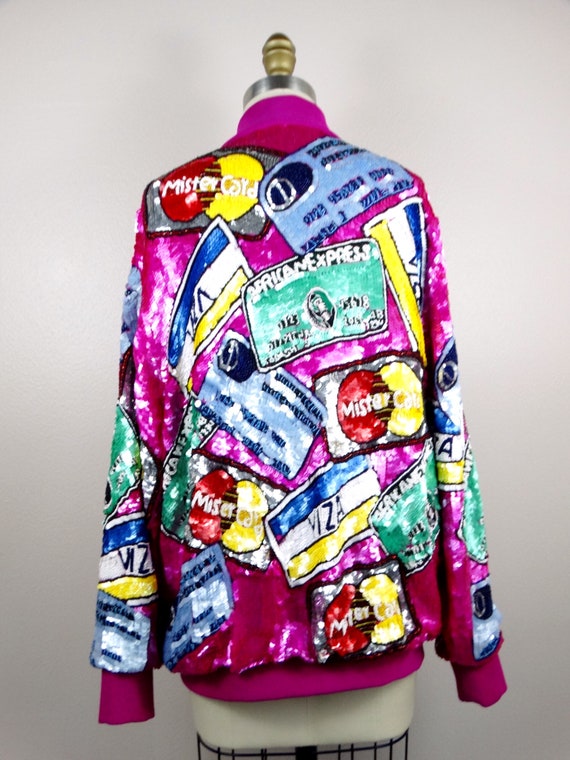 RARE Credit Card Sequin Jacket / Novelty Hot Pink… - image 7