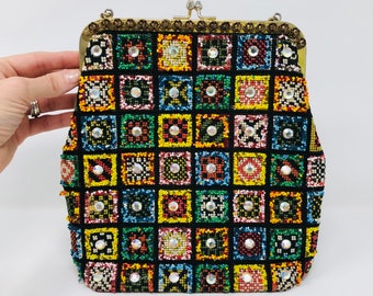 60s Patchwork Crystal Beaded Purse // 1960s Vintage Seed Bead 