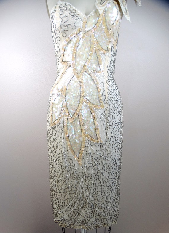 VTG Ivory Sequined Gown / Iridescent White and Si… - image 4