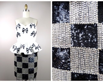 90s Haute Couture Crystal Beaded Skirt // Designer Vintage Sequin Dress Skirt and Bustier w/ Bows