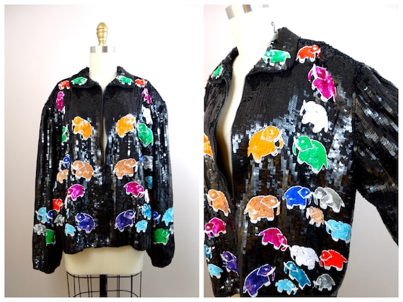 Elephant Lover Sequin Coat / 80s Wearable Art Seq… - image 3