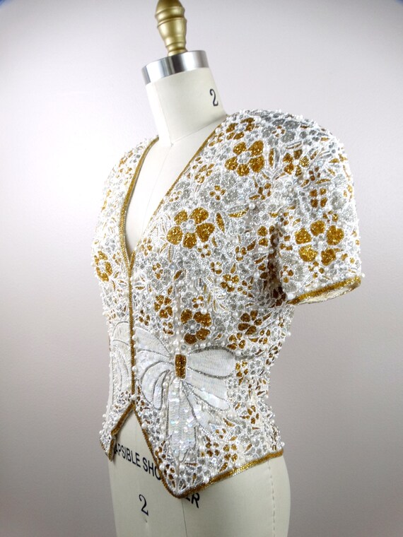 Pearl Beaded Vintage Couture Top // Gold Silver W… - image 3