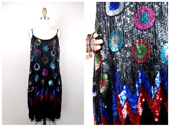 RARE Fringe Beaded Dress // Rainbow Sequined Circ… - image 1