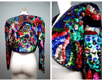 80s Glam Beaded Sequined Bolero / Retro Vintage Rainbow Sequin Embellished Trophy Jacket / Cropped Sequined Shrug