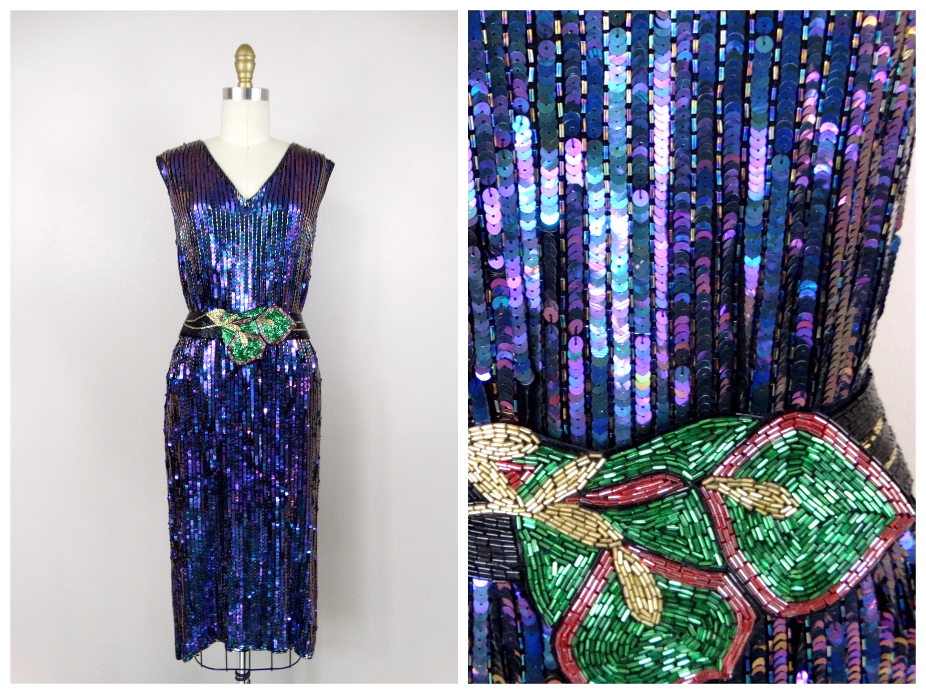 Color-Changing Sequined Beaded Dress / Iridescent Oilslick Purple Sequin Dress w/ Belt Color-Changing Sequined Beaded Dress / Iridescent Oilslick Purple Sequin Dress w/ Belt