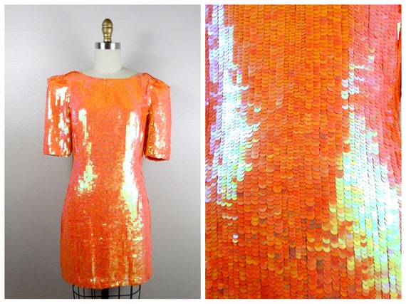 Neon Sequin Mini Dress / AMAZING Iridescent Sequi… - image 1