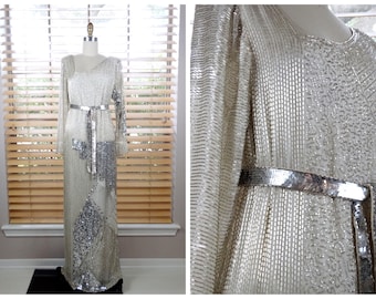 Vintage Beaded Sequin Gown: Heavy White & Silver, Flapper Dress w/ Belt