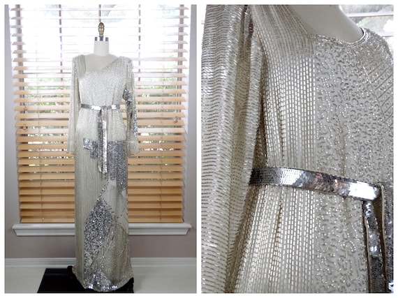 Hand Beaded Silk Gown // Vintage Sequin Embellish… - image 1