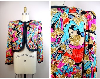 Novelty Sequin Beaded Fancy Bolero / Pink Blue and Gold Embellished Cropped Jacket