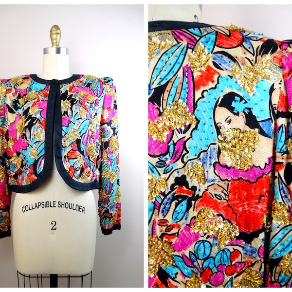 Novelty Sequin Beaded Fancy Bolero / Pink Blue and Gold Embellished Cropped Jacket