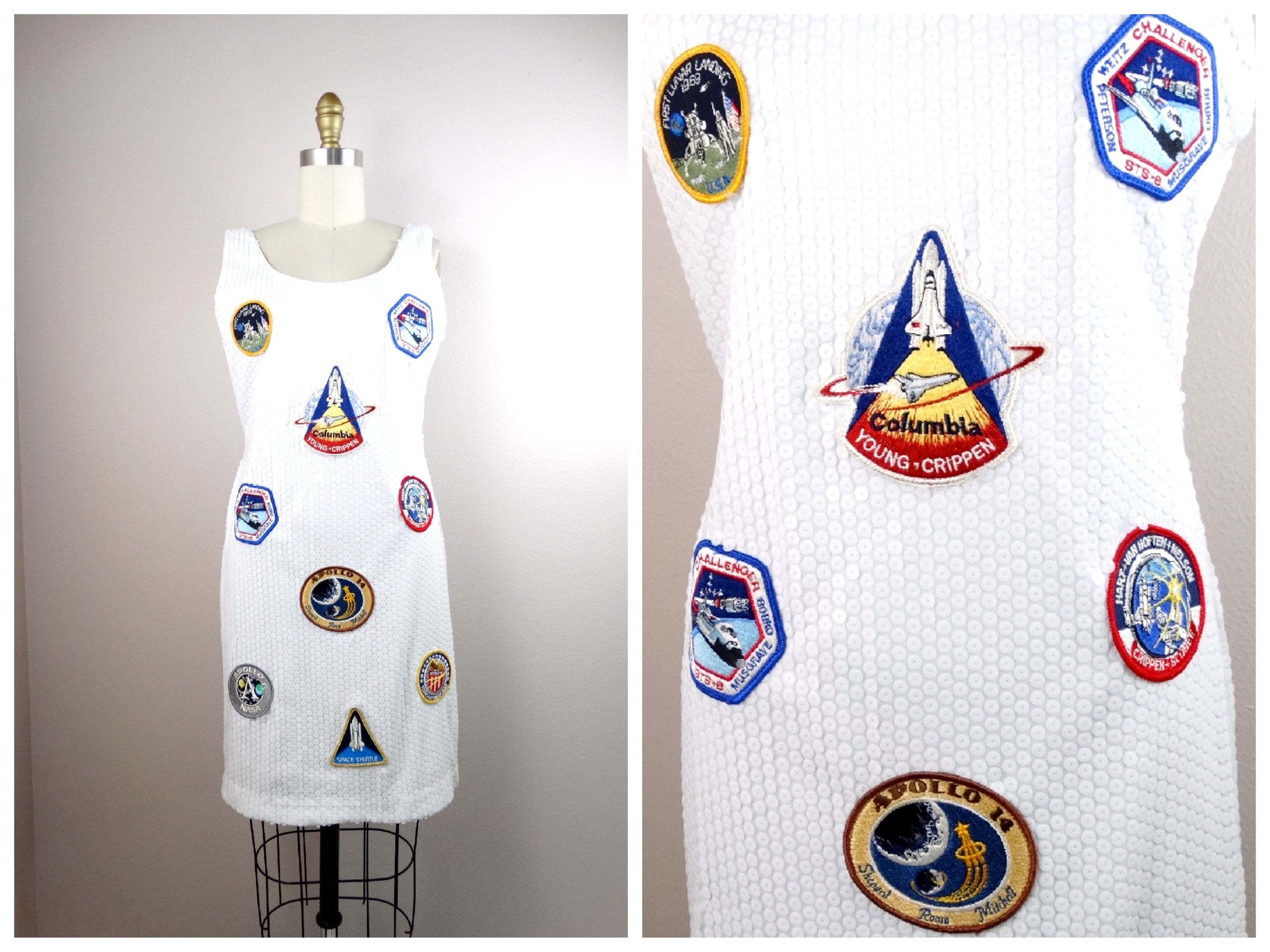 90S Nasa Sequin Dress/Rare 1990's Vintage Designer Couture Sequined Space Center Astronaut Patches By Jeanette