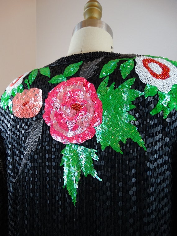 M/L Elegant Sequin Floral Sheer Silk Cardigan / H… - image 8