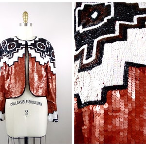 Southwestern Metallic Sequin Jacket // Geometric Sequined Cardigan // Retro Sequin Embellished Beaded Bolero // Sequined Cropped Jacket image 1