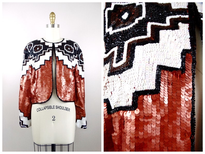 Southwestern Metallic Sequin Jacket // Geometric Sequined Cardigan // Retro Sequin Embellished Beaded Bolero // Sequined Cropped Jacket image 1