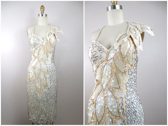 VTG Ivory Sequined Gown / Iridescent White and Si… - image 9