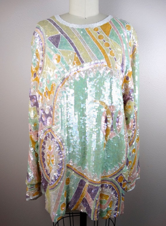 RARE Pastel Sequin Beaded Long Tunic Top • Oversi… - image 2