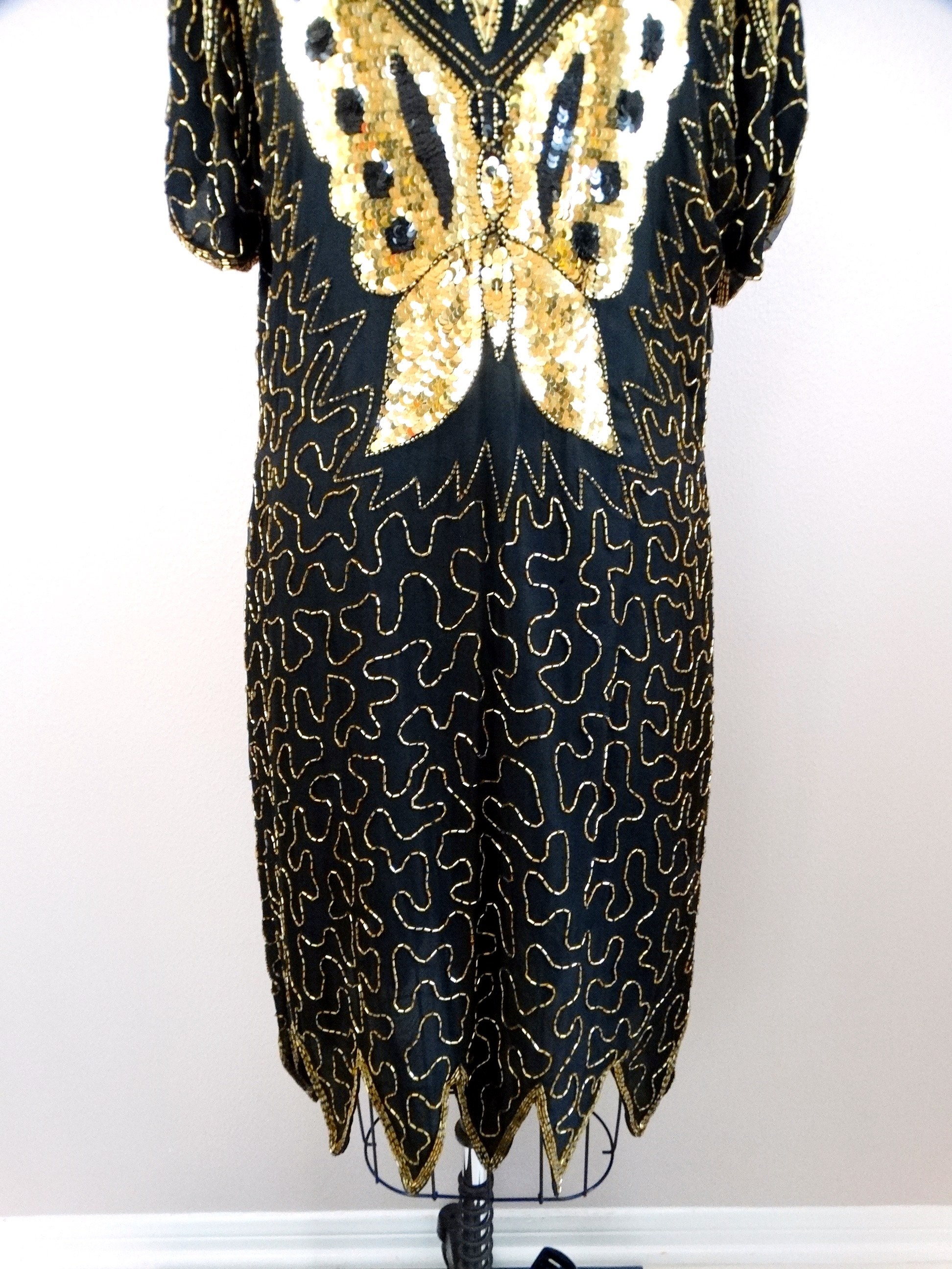 M/L Butterfly Sequin Dress / Vintage Black and Gold Beaded Dress Large M/L Butterfly Sequin Dress / Vintage Black and Gold Beaded Dress Large
