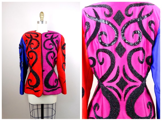 M | 90s Color Block Deco Beaded Sequin Blazer // R