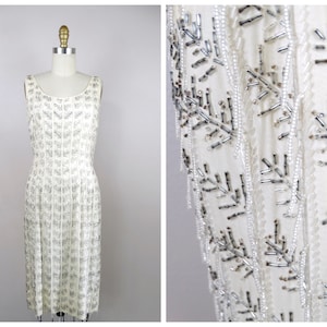 50s 60s Fringe Beaded  Dress / 1950’s 1960’s Art Deco Tassel Embellished Ivory Silk Dress