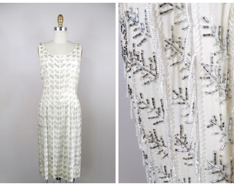 50s 60s Beaded Fringe Dress // 1950’s Art Deco Bead Embellished Ivory Silk Dress