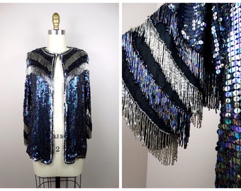 Fringe Glass Beaded Fully Sequined Silk Cardigan / Gatsby Flapper Cocktail Evening Open Top / Silver and Black Sequin Jacket M/L