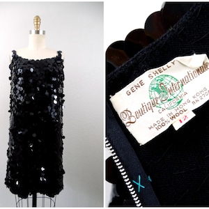 Gene Shelly's Sequin Mini Dress / 1950's 1960's Little Black Dress / Paillette Sequined Dress / 50s 60s Pailette Party Dress / LBD