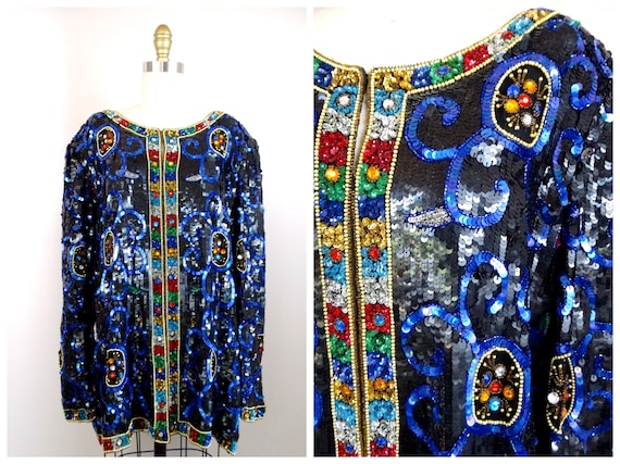 Chaqueta de lentejuelas con cuentas de joya de talla grande Blazer colorido con lentejuelas y joyas 1x 2x Etsy Espana