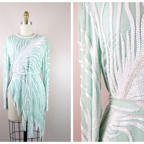 Pistachio Silk Glass Beaded Blouse // Bright White Pearl Embellished Mint Silk Top // Art Deco Asymmetrical Zig Zag Tunic w/ Belt