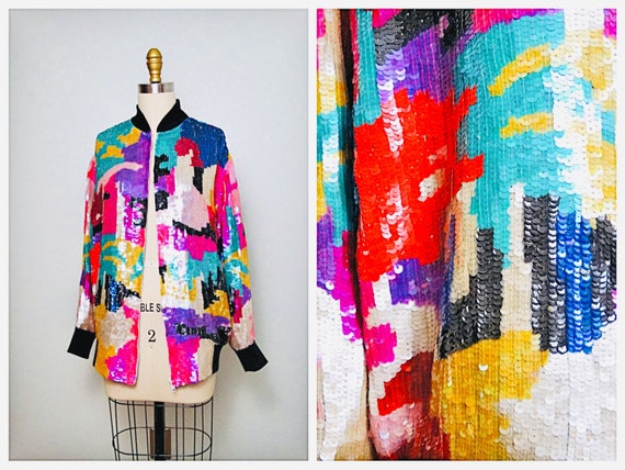 Vintage Sequin Jacket / Bright Sequined Bomber Ja… - image 1