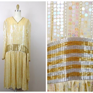 70s Silk Sequin Gold and Silver Beaded Dress / Fully Sequined Dropwaist Flapper
