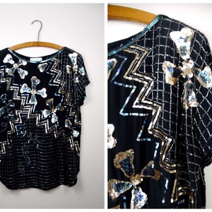 80s 90s Beaded Blouse / Short Sleeve Black Silk Silver Sequin Vintage Top