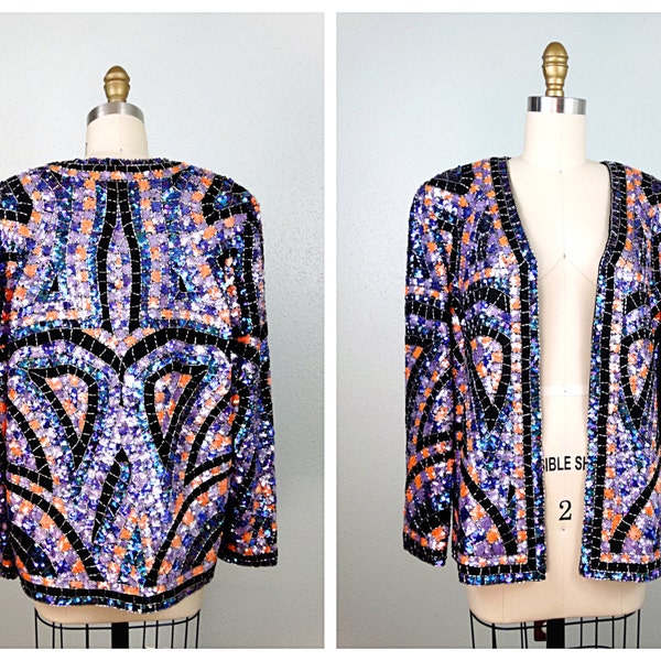 Jewel Beaded Sequin Trophy Jacket // Sparkly Sequined Blazer // Embellished Evening Jacket US Size 10