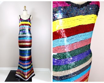 90's Couture Sequined Gown // 1990s Vintage Sequin Party Gown // Rainbow Stripes Design Sequined Dress Small