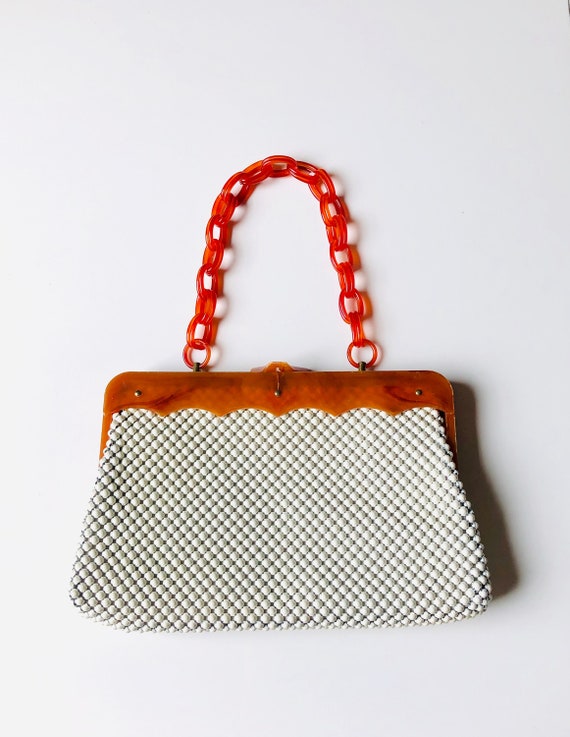 Rare 1940s Lucite Handbag W/ Tortoise Chain // 30s 40s Ivory Metal 