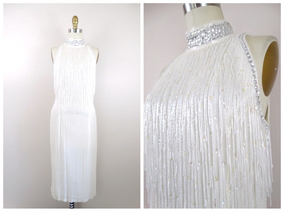 Fringed Beading Dress / White Fringe Beaded Dress… - image 3