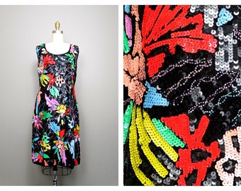 S/M Color Pop Sequin Dress // Abstract Neon Sequined Dress // Vintage Sequined Trophy Dress