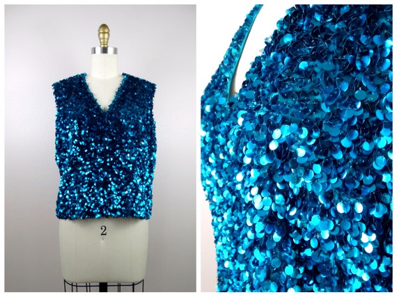 60s Paillette Sequined Beaded Top // Blue Paillett