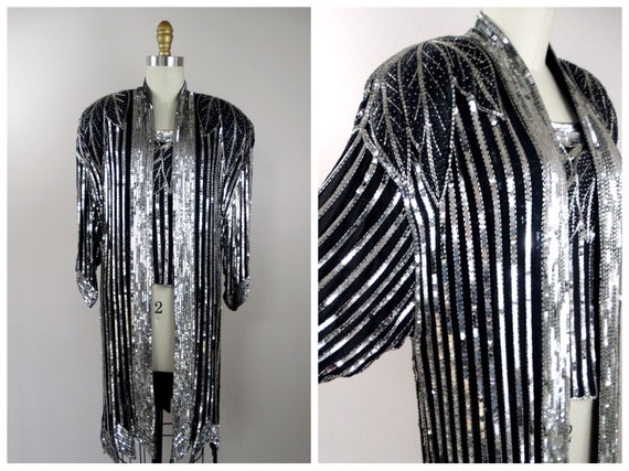 VTG Beaded Silk Sequined Kimono and Top / Black a… - image 1