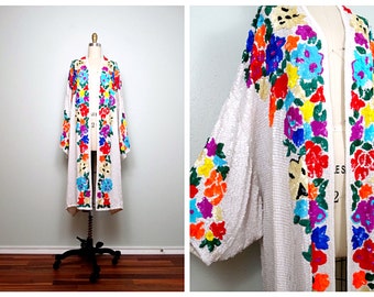 RARE Boho Sequin Duster Coat / Bright Bohemian Novelty Couture Kaftan / BRAXAE Vintage Co. / Retro Floral Sequined Long Jacket O/S