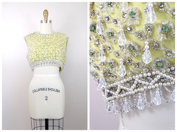 60's HEAVY Clear Beaded Crop Top // Chartreuse Gre
