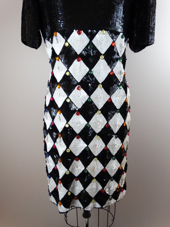 80s Jewel Beaded Sequin Dress / Bejeweled Black a… - image 5