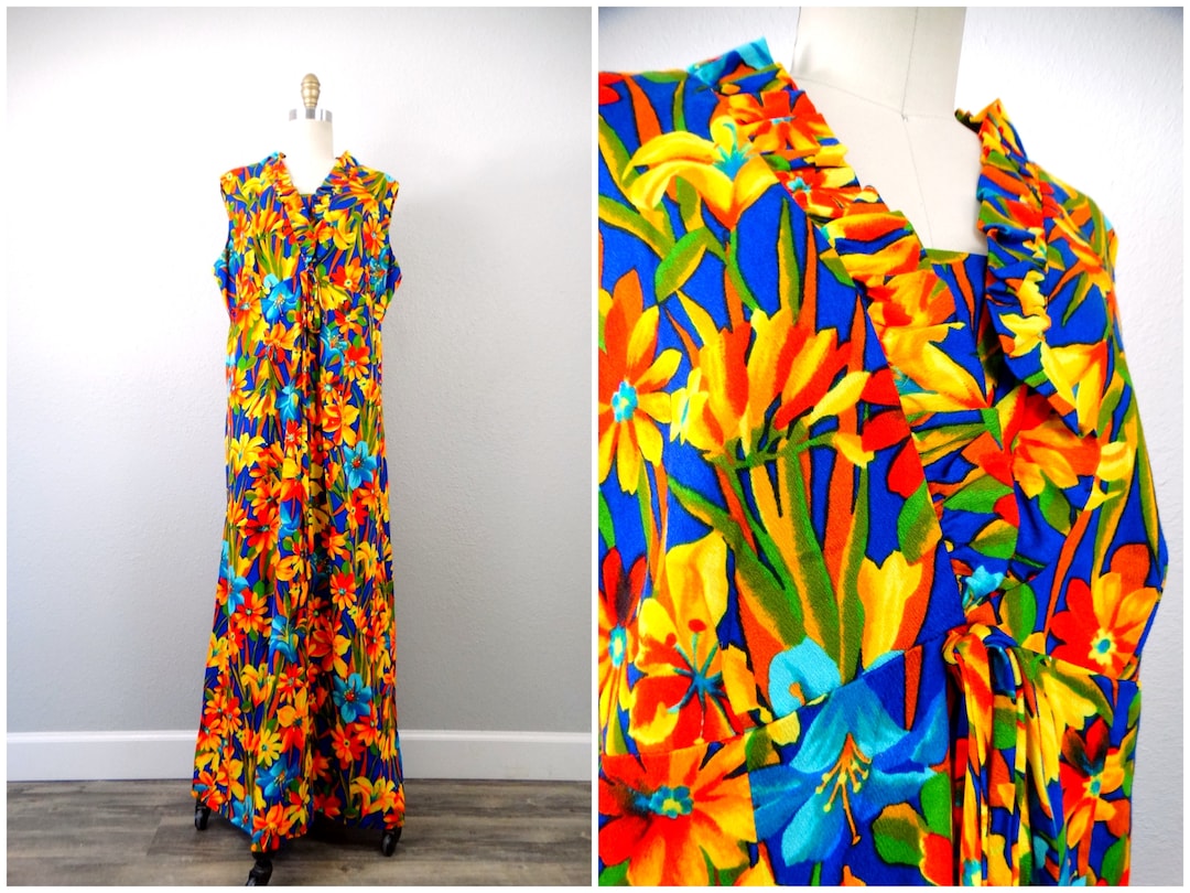 Vintage 70s Hawaiian Maxi Gown, Neon Floral Print, XL - Etsy