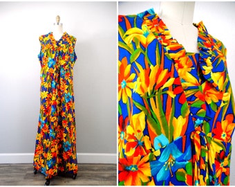 60s 70s Psychedelic Hawaiian Maxi Gown // Bright 1960's 1970's Retro Neon Floral Print Dress made in Hawaii XL