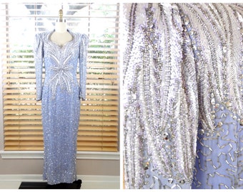 HEAVY Periwinkle Beaded Gown / Pastel Purple Silk Beaded Sequin Dress / Heavily Embellished Pageant Evening Gown